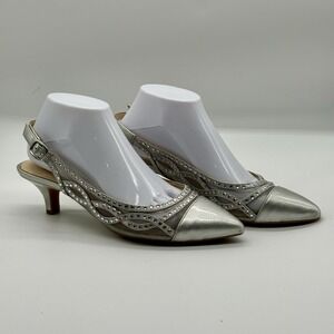 Alex Marie Silver Slingback Kitten Heels Rhinestone Mesh 9.5M